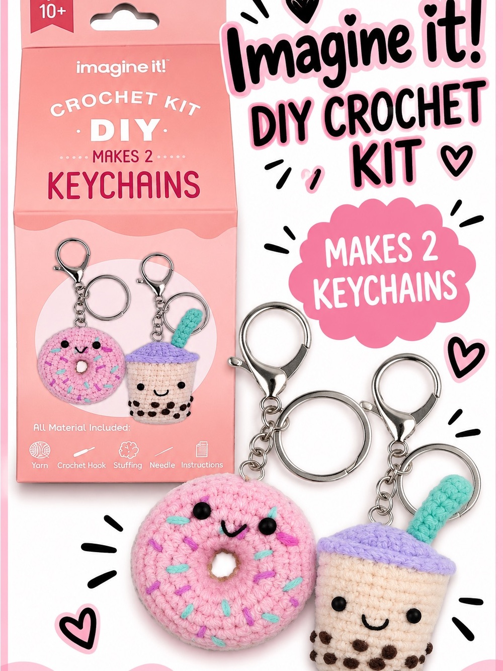 Imagine It DIY Crochet Kit Donut Boba Tea Keychains Makes 2 Ages 10+ New